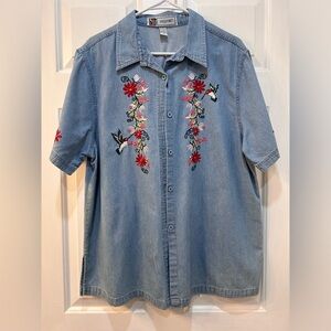 Vtg Passion-I Embroidered Denim Shirt Sz L Button Down Bird Watch Floral Western